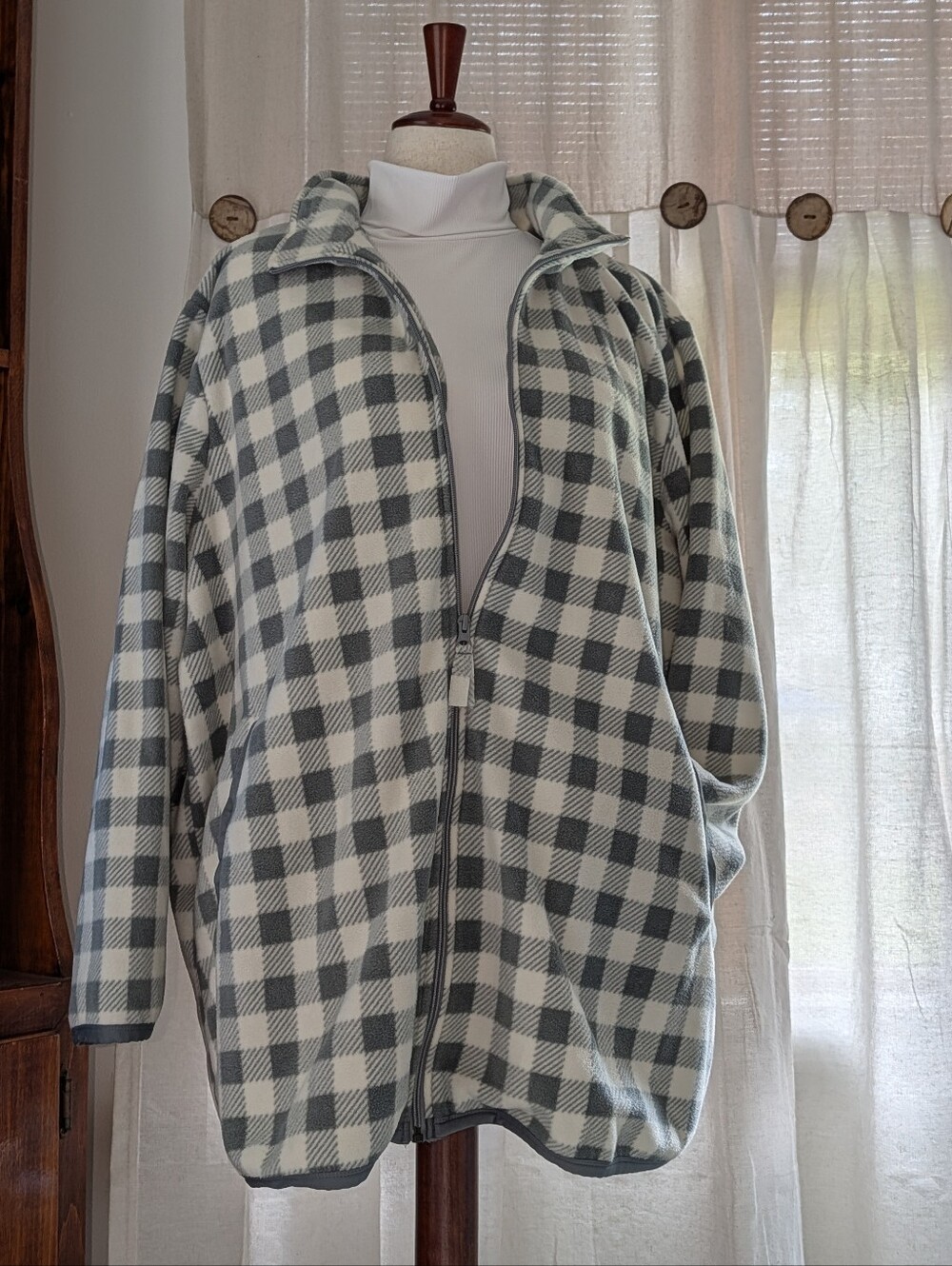 Woman Within Gray & White Buffalo Check Zip-Up Sweater Jacket